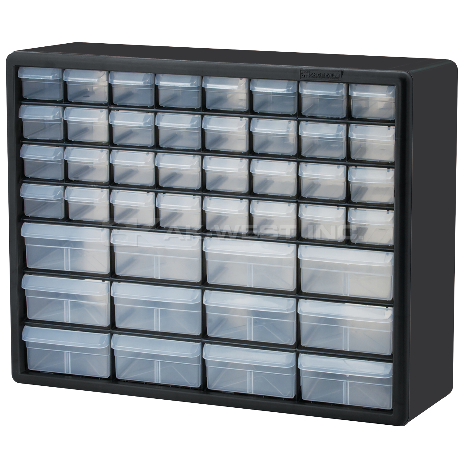 Black, 20" x 6-3/8" x 15-13/16" Plastic Storage Cabinet w/ 44 Drawers - Large Drawer Size 6" x 4-9/16" x 2-3/16", Small Drawer Size 6" x 2-7/32" x 1-9/16"