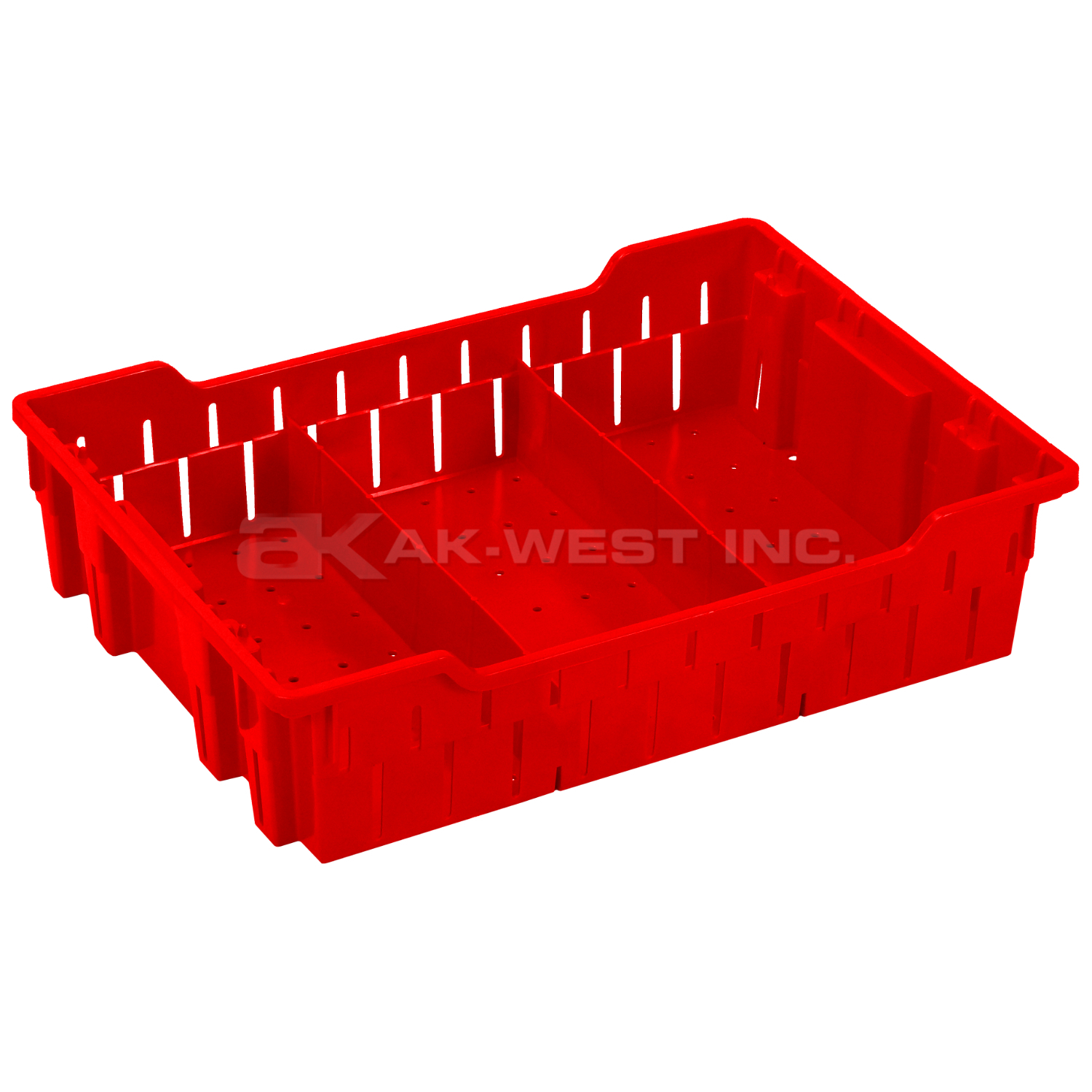 Red, 19"L x 13"W x 5"H Stack and Nest Container w/ Vented Sides and Base w/ Dividers