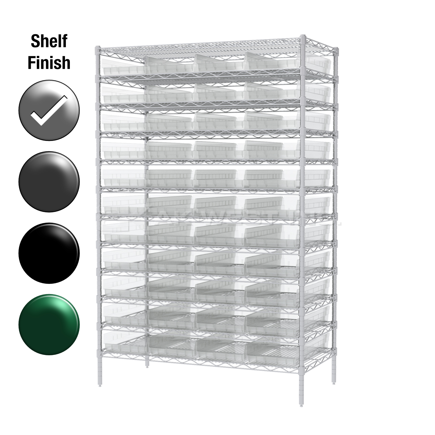 12"D x 48"W x 74"H Chrome Shelf w/ (12) Shelves and (44) 30170s
