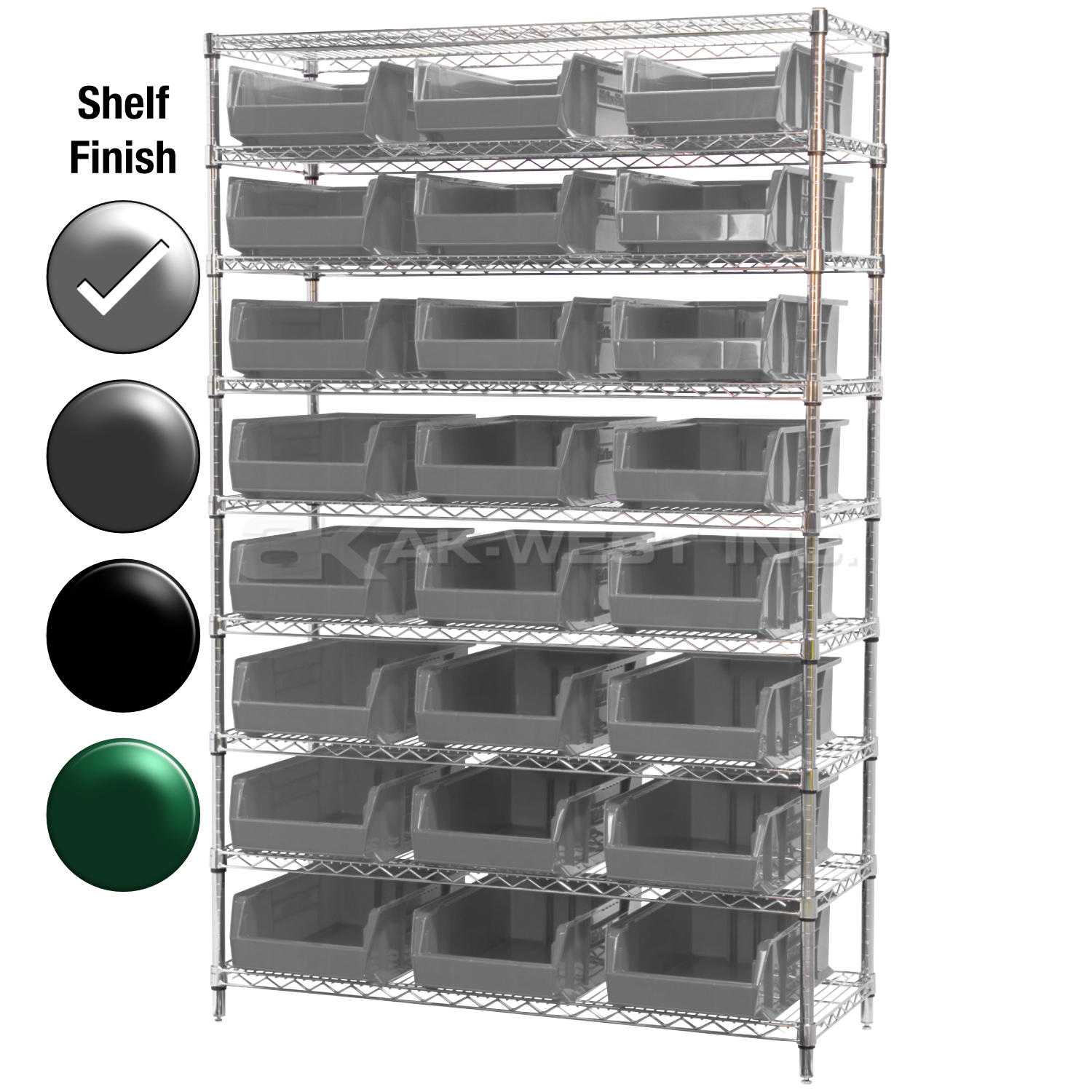 24"D x 48"W x 74"H Chrome Shelf w/ (9) Shelves and (24) 30280s