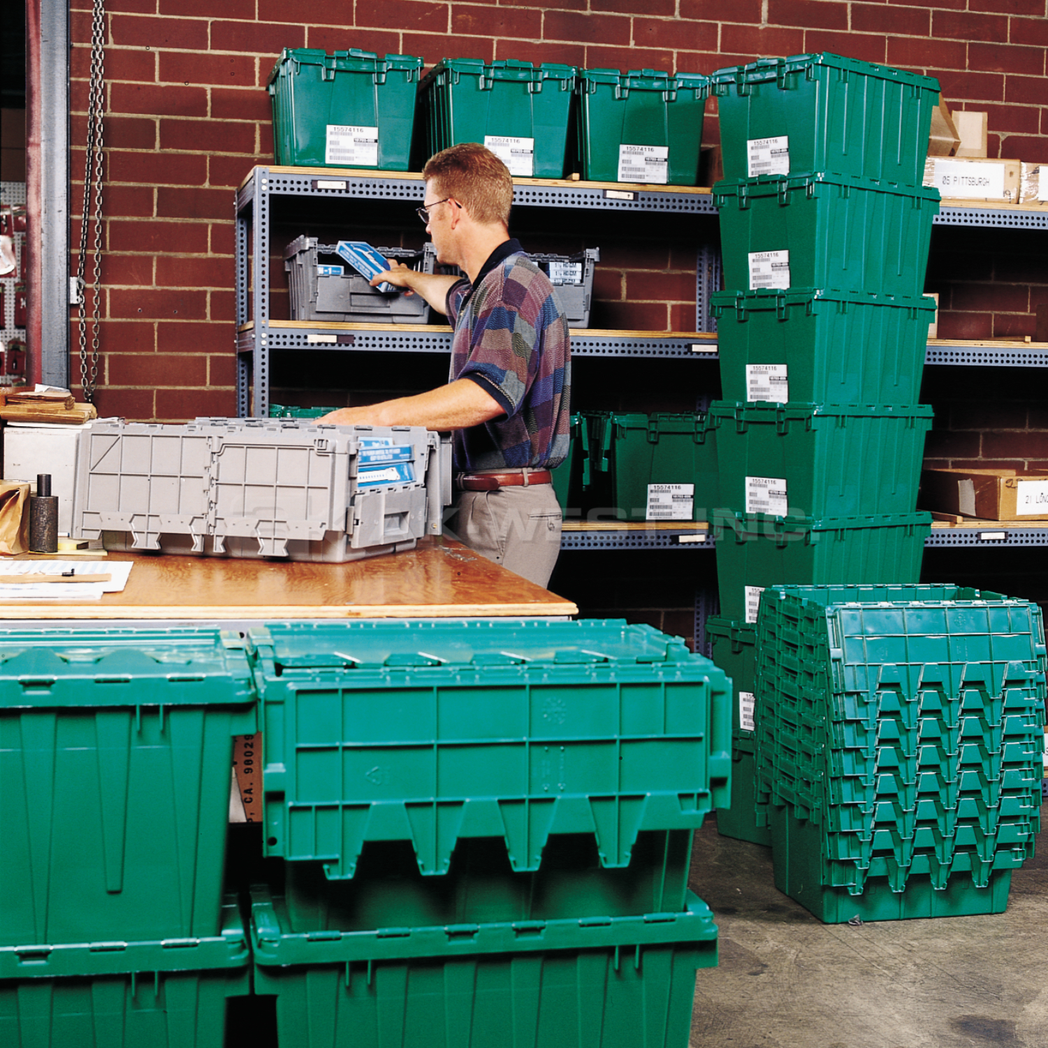 Green, 27" x 17" x 12" Attached Lid Container, Traction Bottom