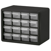 Black, 10-1/2" x 6-3/8" x 8-1/2" Plastic Storage Cabinet w/ 16 Drawers - Drawer Size 6" x 2-7/32" x 1-9/16"