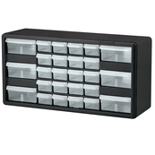 Black, 20" x 6-3/8" x 10-1/4" Plastic Storage Cabinet w/ 26 Drawers - Large Drawer Size 6" x 4-9/16" x 2-3/16", Small Drawer Size 6" x 2-7/32" x 1-9/16"