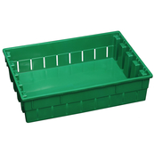Green, 19"L x 13"W x 5"H Stack and Nest Container w/ Vented Sides and Solid Base